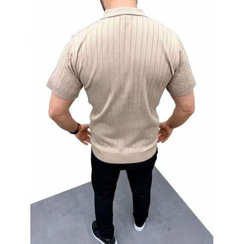 Erkek Yazlık Triko Saç Örgü Tişört Kısa Kol Polo Yaka Fermuarlı T-Shirt - Bej