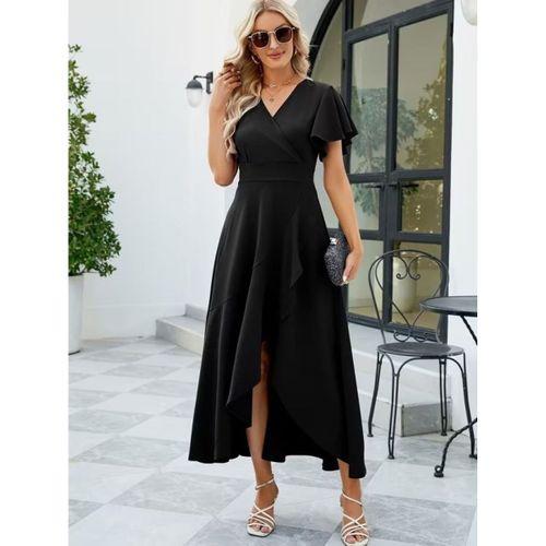 Kadın Kısa Kollu Kruvaze Yakalı ön Asimetrik Volanlı Uzun Ithal Krep Elbise