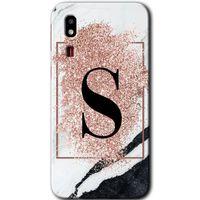 Galaxy A2 Core Kılıf HD Desen Baskılı Arka Kapak - Pembe Mermer Desenli S Harfi + Kırılmaz Cam