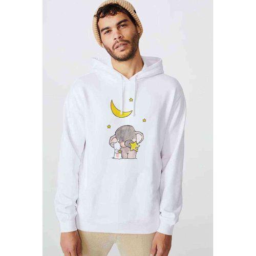 Fil Ve Tavşan Baskılı Beyaz Erkek Kapşonlu Sweatshirt