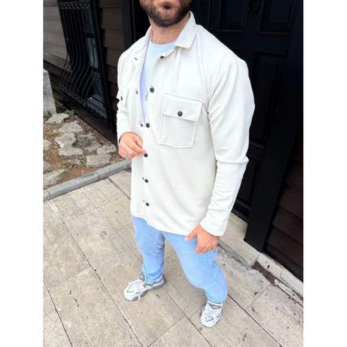Erkek Diagonal Kumaş Cepli Çıtçıtlı Uzun Kollu, Gömlek Oversize Rahat Kalıp Günlük Şık Stil - Beyaz
