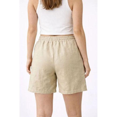 Keten Kumaş Cepli Rahat Kesim Bel Lastikli Şort - Bej
