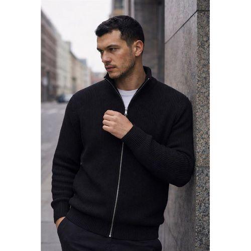 Woody Oversize Selanik Örme Fermuarlı Erkek Hırka- Siyah