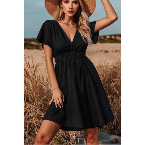 Kadın Kısa Kollu Kruvaze Yaka Beli Gipeli Bürümcük Elbise