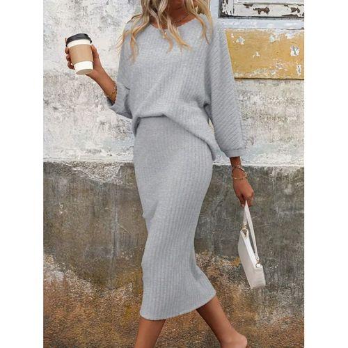 Kadın Uzun Kollu Yuvarlak Yakalı şardonlu Kaşkorse Bluz Ve Etek Ikili Takım