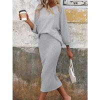 Kadın Uzun Kollu Yuvarlak Yakalı şardonlu Kaşkorse Bluz Ve Etek Ikili Takım