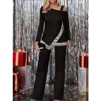 Kadın Tek Omuzdan Açık Uzun Kollu önü Pulpayet Ithal Krep Bluz Ve Pantolon