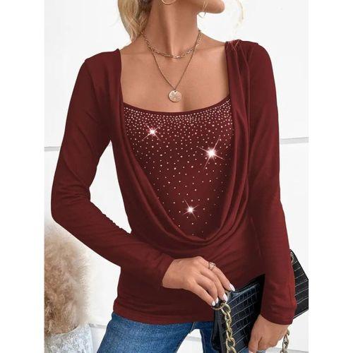 Kadın Uzun Kollu Derin Degaje Yakalı Taşlı Sandy Bluz