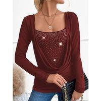 Kadın Uzun Kollu Derin Degaje Yakalı Taşlı Sandy Bluz