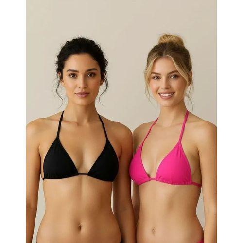 Siyah Ve Fuşya Detaylı Üçgen Bikini Üstü Bağlamalı Kadın Mayo Üstü 2'li