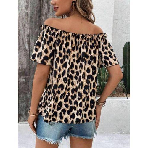 Kadın Madonna Yaka Fırfırlı Leopar Desenli Mikro Kumaş Bluz