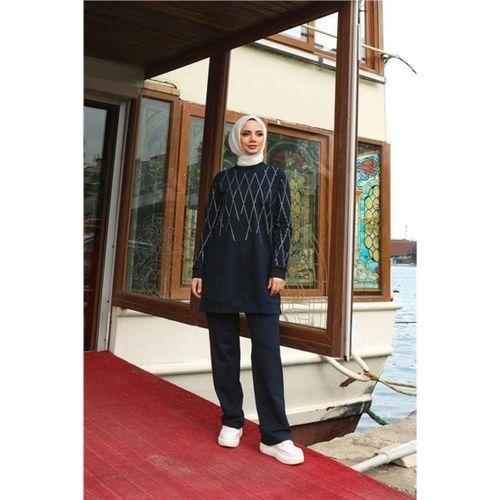 Çarpraz Taş Desenli O Yaka İkili Tesettür Eşofman Takımı - 71185.015 - Lacivert