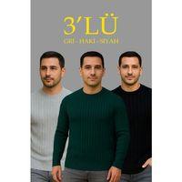 Erkek Fitilli Triko Kazak 3lü Set Gri Haki Siyah Regular Fit Bisiklet Yaka Triko Seti Modeli Kazak