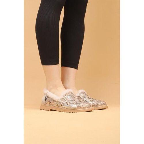 Selaro Bej Renkli Taşlı Desenli İçi Kürklü Kışlık Günlük Ayakkabı