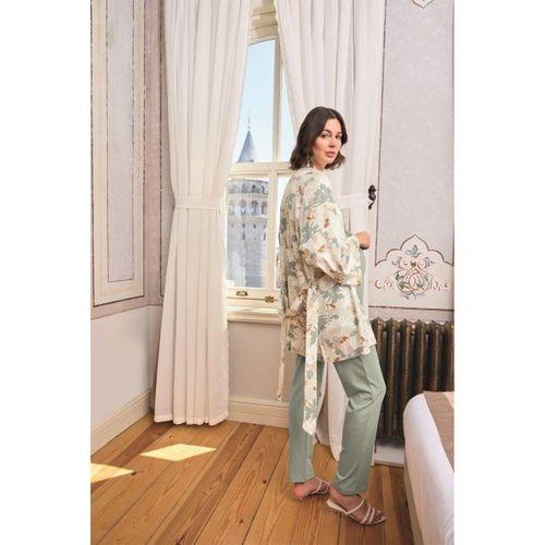 Çiçek Ve Yaprak Desenli Dantelli Hamile Lohusa 3'lü Pijama Takımı