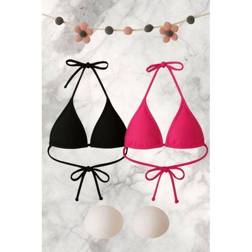 Siyah Ve Fuşya Detaylı Üçgen Bikini Üstü Bağlamalı Kadın Mayo Üstü 2'li