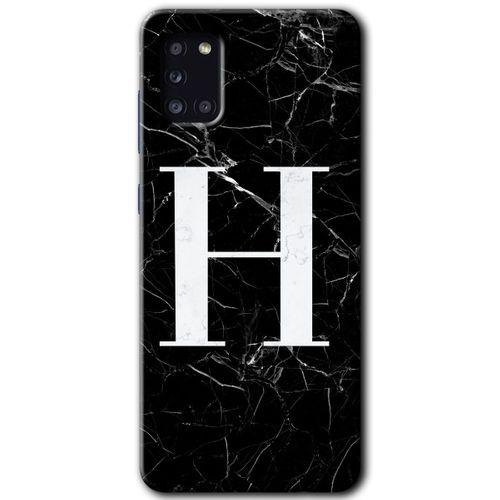 Samsung Galaxy A31 Kılıf Baskılı Kapak - Siyah Mermer Desenli H Harfi +Tam Kaplayan Mat Seramik