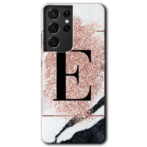 Galaxy S21 Ultra Kılıf HD Desen Baskılı Arka Kapak - Pembe Mermer Desenli E Harfi