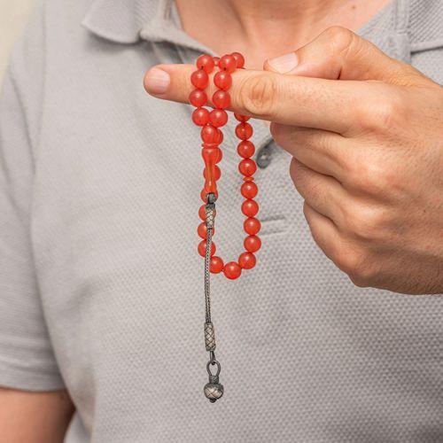 Gümüş Top Kazaz Püsküllü Yuvarlak Sıkma Kehribar Tesbih