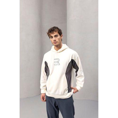 Frank Parçalı Kontrast Desenli Kapüşonlu Oversize Cepli Polar Erkek Sweatshirt - Ekru