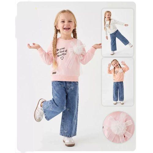 3/6 Yaş Tül Detaylı Yazı Nakışlı Sweatli Kot Pantolonlu Çocuk Takımı