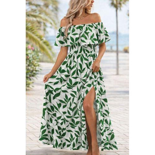 Kadın Madonna Yaka Göğüs Lastikli Yırtmaçlı Uzun Desenli Süprem Elbise