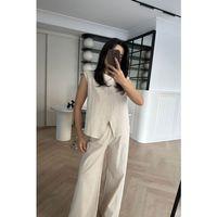 Kadın Keten Kumaş Asimetrik Kesim Bluz Ve Salaş Pantolon Ikili Takım