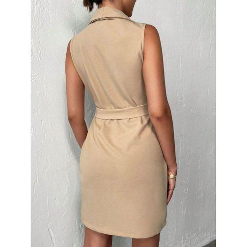 Kruvaze Yaka Kuşaklı Krep Kumaş Elbise