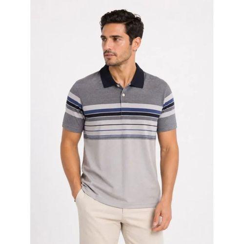 Erkek Flamlı Penye Çizgili Polo Yaka Tişört Kısa Kol Yazlık T-Shirt - Gri