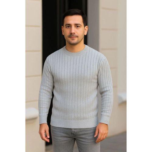 Erkek Bisiklet Yuvarlak Yaka Triko Kazak Pamuklu Kalın Fitilli Dokuma, Regular Fit Uzun Kollu Kışlık Model - Gri