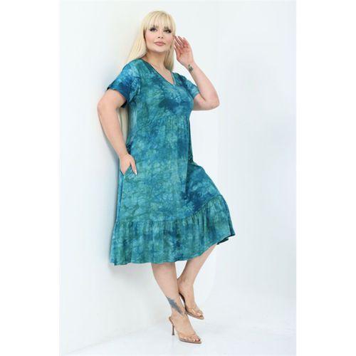 Melsay Butik Göğüsten Robalı V Yaka Kısa Kollu Turkuaz Batik Yıkama Cepli Elbise