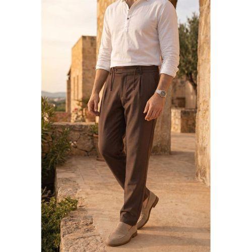Forner Regular Fit Beli Lastikli Kemer Detaylı Erkek Kumaş Pantolon - Kahve