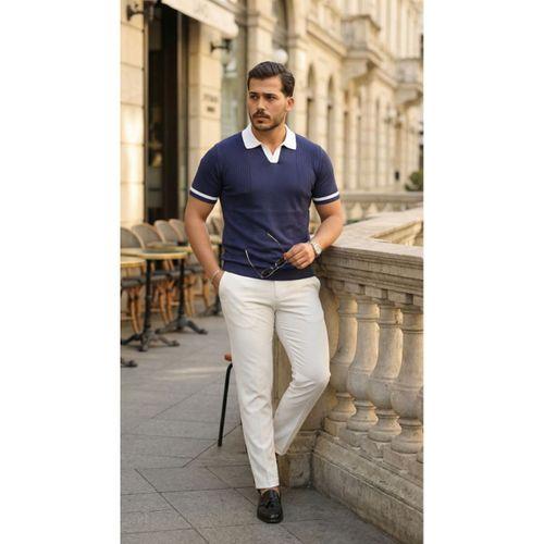 Erkek Renkli Yakalı File Desenli Kısa Kollu Tişört