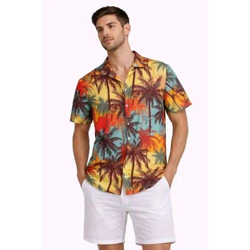 Erkek Tropikal Palmiye Desenli Kısa Kol Gömlek Yazlık Rahat Kalıp Dijital Baskılı - Desenli