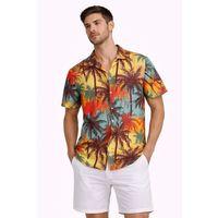 Erkek Tropikal Palmiye Desenli Kısa Kol Gömlek Yazlık Rahat Kalıp Dijital Baskılı - Desenli