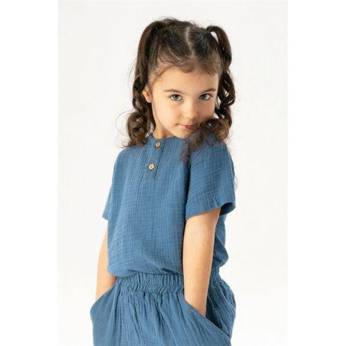 Kısa Kol Batı Yazlık Müslin Kız Çocuk Tshirt İndigo indg