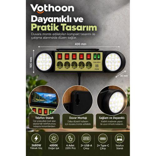Akıllı Masaüstü Duvar Tipi Akım Korumalı 5’li Priz 3680w Led Işıklı Usb-a Type-c Telefon Standlı
