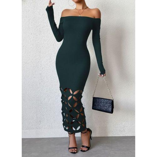 Kadın Madonna Yaka Uzun Kollu Lazer çiçek Kesim Detaylı Uzun Ithal Krep Elbise