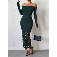 Kadın Madonna Yaka Uzun Kollu Lazer çiçek Kesim Detaylı Uzun Ithal Krep Elbise