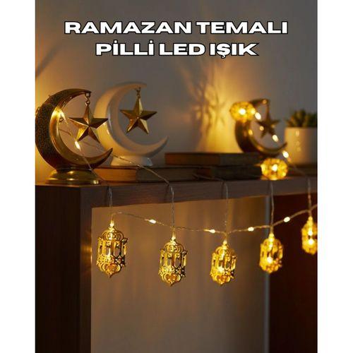 Ramazan Dekoru İçin Pilli Led Işık Altın Fener Tasarımlı