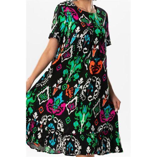 Kısa Kol Melda Viskon Desenli Midi Boy Yazlık Elbise Etnik Siyah Etnk syh