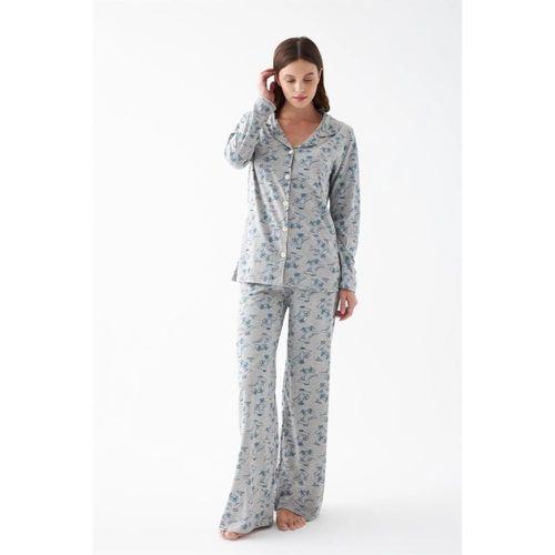 Kadın Gri Desenli Düğmeli Pamuklu Pijama Takımı