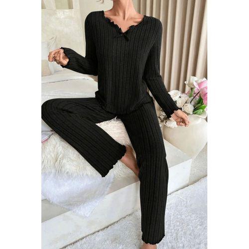Kadın Siyah Fiyonk Detaylı Uzun Kollu Yuvarlak Yaka Mevsimlik Pijama Takımı Premium Ev Giyim