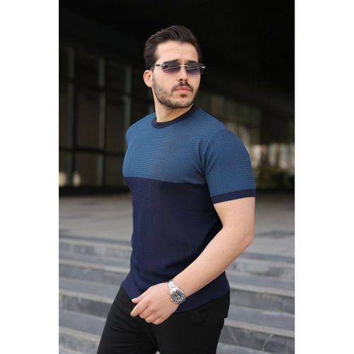Erkek Renk Bloklu Bisiklet Yaka Kısa Kollu Triko Tişört