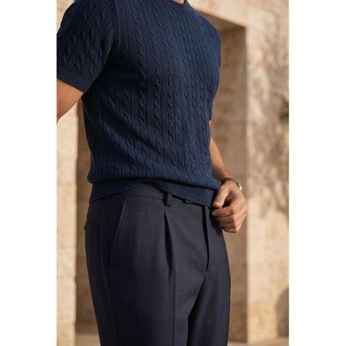 Walsh Saç Örgü Desenli Bisiklet Yaka İnce Triko Erkek T-Shirt - Lacivert