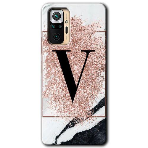 Redmi Note 10 Pro Kılıf HD Desen Baskılı Arka Kapak - Pembe Mermer Desenli V Harfi + Kırılmaz Cam