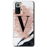Redmi Note 10 Pro Kılıf HD Desen Baskılı Arka Kapak - Pembe Mermer Desenli V Harfi + Kırılmaz Cam