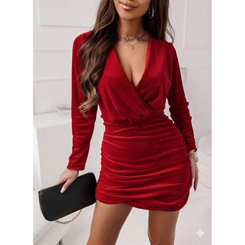Kadın Uzun Kollu Kruvaze Yaka Yandan Büzgülü Mini Ithal Krep Elbise