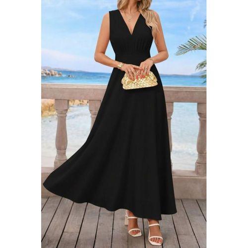 Kadın Askılı V Yakalı Bel Korsaj Detaylı Uzun Ithal Krep Elbise