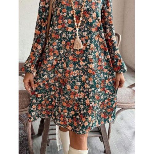 Kadın Uzun Kollu V Yakalı Desenli Modal Mini Elbise